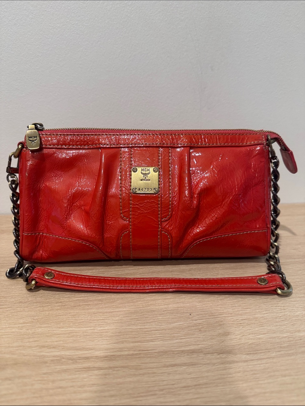 MCM Red Leather Chain-Detail Shoulder Bag